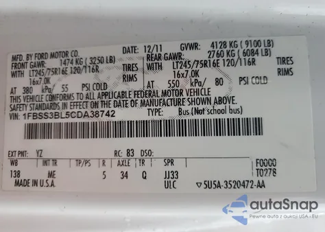 2012 Ford Econoline E350 Super Duty Wagon из США, поврежденный, VIN 1FBSS3BL5CDA38742